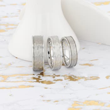 THORNTON Hammered Finish White Tungsten Carbide Wedding Band with Offset
Grooves/Polished Edges 6mm