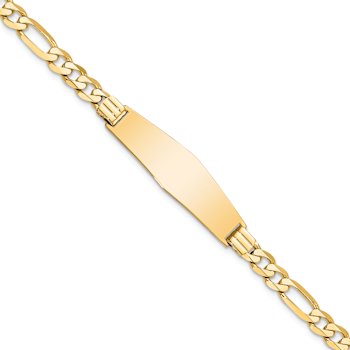 14k Yellow Gold Flat Figaro Link Soft Diamond Shape ID Bracelet