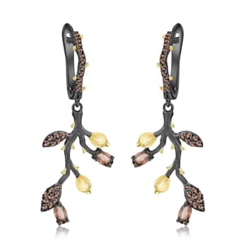 Smoky Quartz Black Rhodium Over Sterling Silver Leaf Earrings