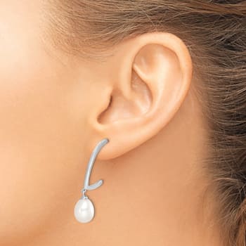 Rhodium Over Sterling Silver 8-9mm White Rice Freshwater Cultured Pearl Earrings