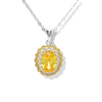 Rhodium Over Sterling Silver Oval Citrine and White Sapphire Halo
Pendant with Chain