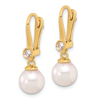 14K Yellow Gold 7-8mm Round White Akoya Cultured Pearl and 0.10 cttw
Diamond Dangle Earrings