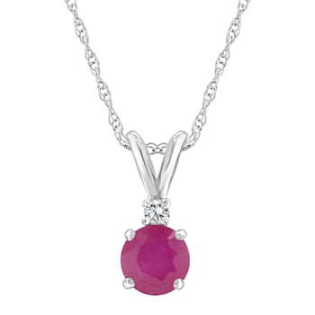 5mm Round Ruby with Diamond Accent 14k White Gold Pendant With Chain