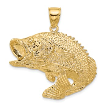 14k Yellow Gold 2D Textured Bass Fish Jumping Charm