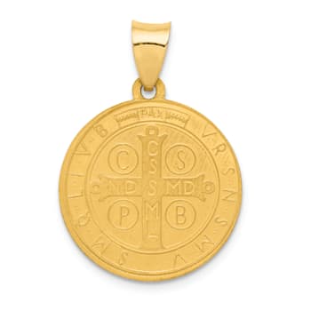 14K Yellow Gold Polished and Satin St Benedict Hollow Medal Pendant