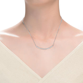 Curved CZ Bar Necklace In Sterling Silver