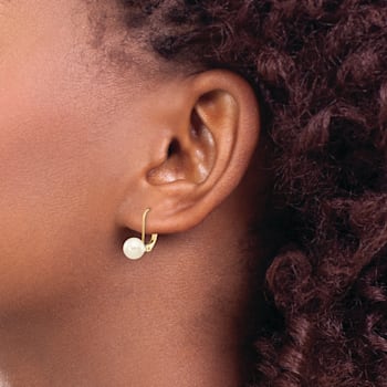 14K Yellow Gold 6-7mm White Round Freshwater Cultured Pearl Leverback Earrings