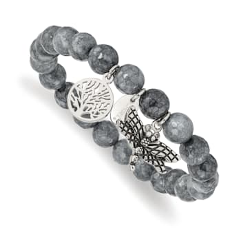 Stainless Steel Antiqued and Polished Dragonfly Grey Dyed Jade Bracelet