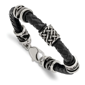 Stainless Steel Antiqued and Polished Dragon Black Braided Leather Bracelet