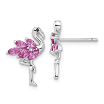 Rhodium Over Sterling Silver Pink Crystal Flamingo Post Earrings