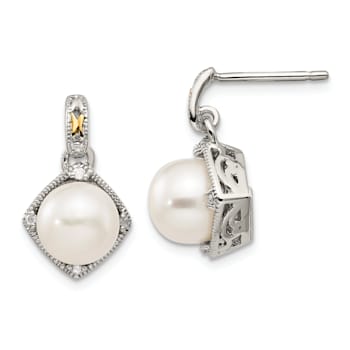 Sterling Silver Rhodium-plated with 14K Accent Freshwater Cultured Pearl
and Diamond Post Earrings