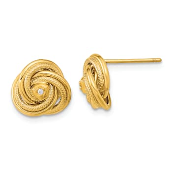 14k Yellow Gold Polished and Textured Cubic Zirconia Love Knot Stud Earrings