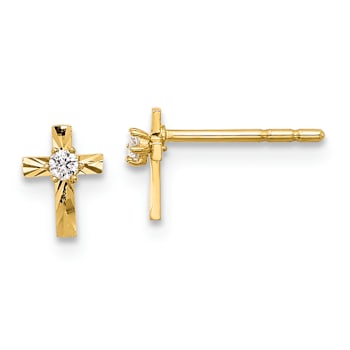 14k Yellow Gold Polished and Diamond-Cut Cubic Zirconia Cross Stud Earrings