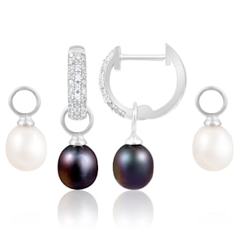 7-8mm White Black Cultured Freshwater Pearl and Cubic Zirconia Rhodium
Over Sterling Silver Earrings