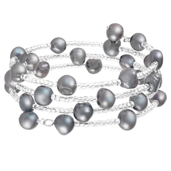 Sterling Silver Rhodium Plated Triple Row Freshwater Pearl Coil Bracelet