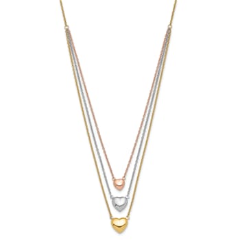 14K Tri-color Three Heart with 1-inch Extension Necklace