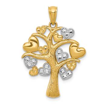 14k Two-tone Gold  Polished and Textured Hearts Tree Pendant