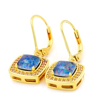 Australian Opal Triplet And White Zircon Dangle Earrings In 18K Gold
Over Sterling Silver 3.16ctw