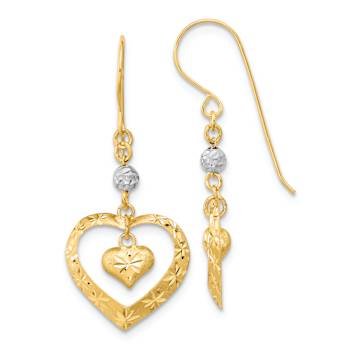 14k Two-tone Satin, Textured and Diamond-Cut Heart Dangle Earrings