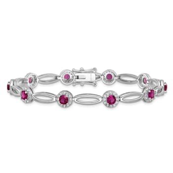 Rhodium Over Sterling Silver Fancy Lab Created Ruby and Cubic Zirconia Bracelet