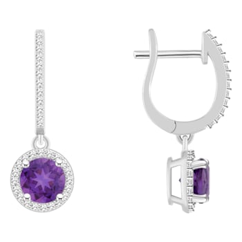6mm Round Amethyst 1/3 ctw Diamond Rhodium Over Sterling Silver Halo
Dangle Earrings