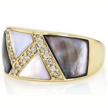 Black And White Mother-Of-Pearl And White Zircon Ring In 18K Gold Over
Sterling Silver 0.17ctw