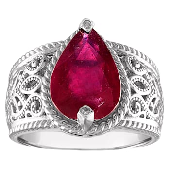 Sterling Silver Pear Shape Lab Created Ruby and Diamond Filigree Ring 3.5ctw