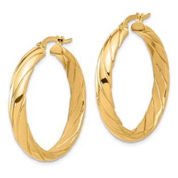 14k Yellow Gold Polished and Textured 1 1/4" Hoop Earrings