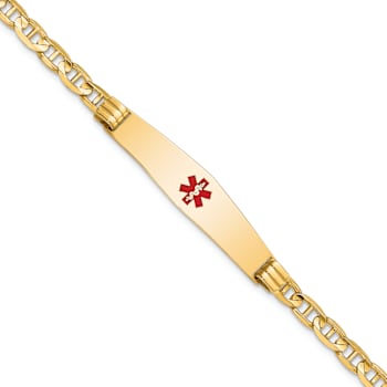 14k Yellow Gold Medical Soft Diamond Shape Red Enamel Mariner Link ID Bracelet