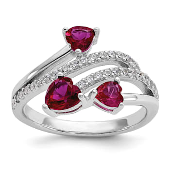 Rhodium Over Sterling Silver Polished Lab Created Ruby and Cubic
Zirconia Hearts Ring