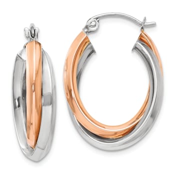 14K Rose Gold and 14K White Gold Polished 7/8" Oval Tube Hoop Earrings