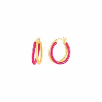 14K Yellow Gold Over Sterling Silver Double Hoop Enamel Earrings in Pink