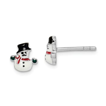 Rhodium Over Sterling Silver Childs Enamel Snowman Post Earrings