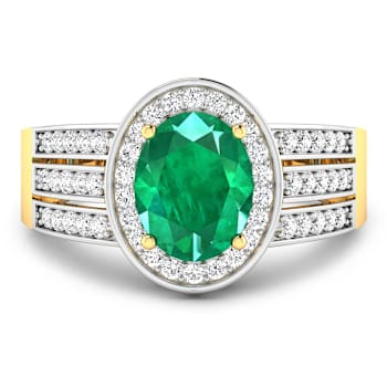 1.97ctw Green Emerald and Diamond 14K Yellow Gold Halo Ring