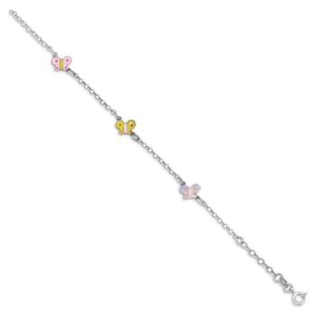 Rhodium Over Sterling Silver Multi-color Enamel Butterflies Kid's Bracelet