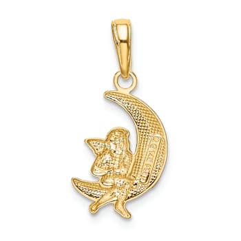 14k Two-tone Gold Polished Moon with Angel Pendant