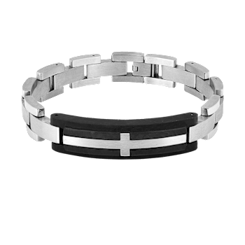 Mens Carbon Fiber and Stainless Steel with Black Leather Accent Cross Bracelet