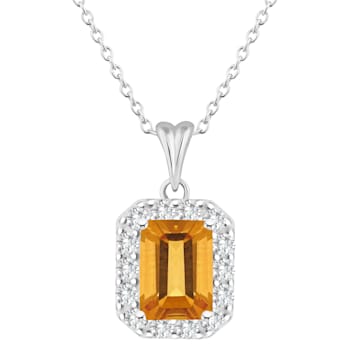 8x6mm Emerald Cut Citrine and White Topaz Accent Rhodium Over Sterling
Silver Halo Pendant w/Chain