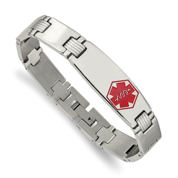 Stainless Steel Polished and Brushed Red Enamel 8.25-inch Medical ID Bracelet