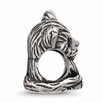 Sterling Silver Antiqued Cat with Blue Crystals Bead