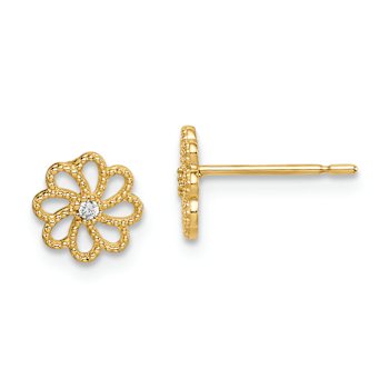 14k Yellow Gold Children's Textured Cubic Zirconia 7mm Flower Stud Earrings