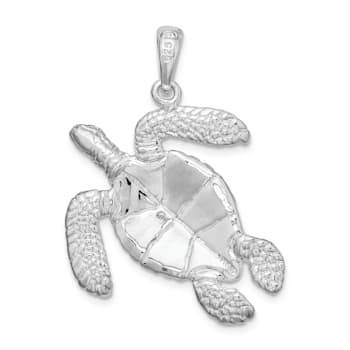 Rhodium Over Sterling Silver Polished Large Swimming Sea Turtle Pendant
