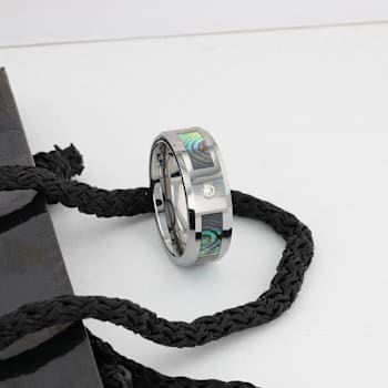 HONOLULU Mother of Pearl Inlay Tungsten Carbide Ring with Beveled Edges
and White Diamond 8mm