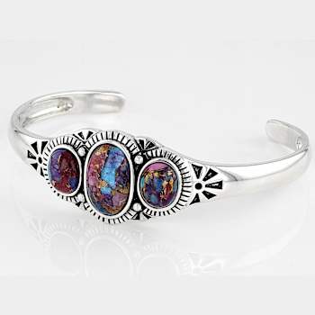 Purple Spiny Oyster And Turquoise Sterling Silver Three-Stone Cuff