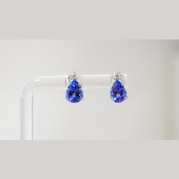 Pear Shape Tanzanite and CZ Rhodium Over Sterling Silver Earrings, 2.02ctw