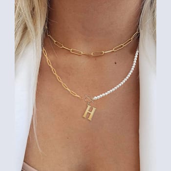 14K Gold Over Brass Initial Pearl Simulant Link Chain Necklace Letter H