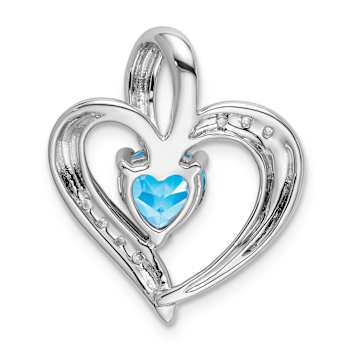 Rhodium Over 14k White Gold Blue Topaz and Diamond Heart Pendant
