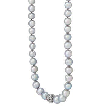 7-10mm Gray Freshwater Pearl with Crystal Accents Sterling Silver Strand Necklace
