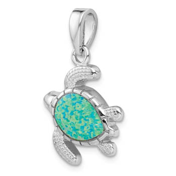 Rhodium Over Sterling Silver Green Inlay Lab Created Opal Turtle Pendant