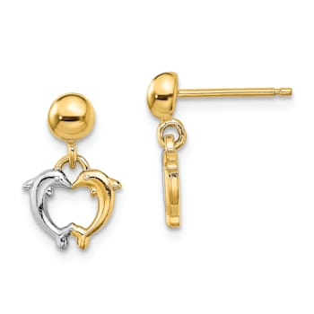 14k Yellow Gold and Rhodium Over 14k Yellow Gold Dolphin Dangle Earrings